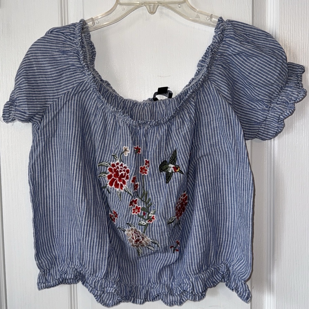 Timing Blue White Striped Embroidered Off Shoulder Top Size L